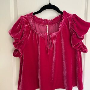 Free People Velvet Blouse with Ruffle Sleeves - Fuchsia
